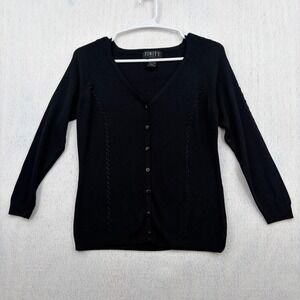 Finity Petite Black V-Neck Button Front Cardigan Sweater Whipstitch Detail PM